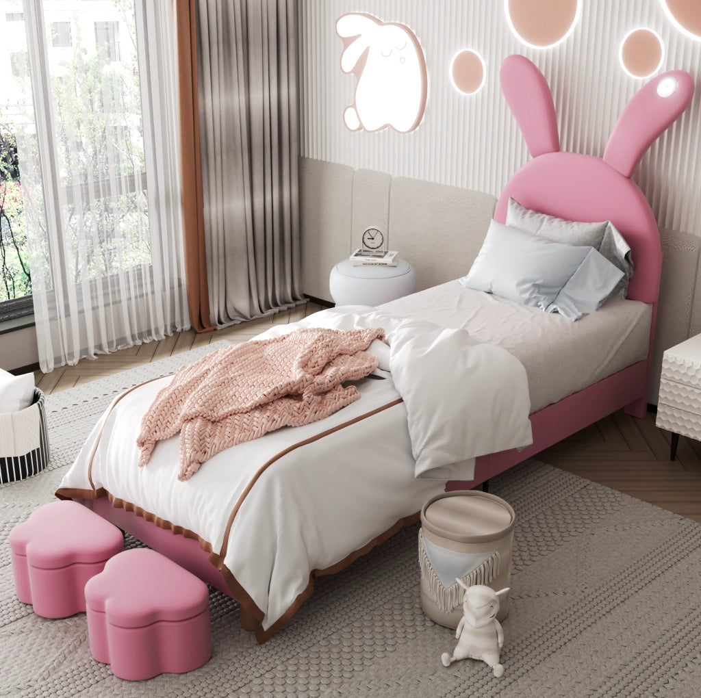 Letto singolo imbottito 90x200 cm in velluto rosa con LED; sponde contenitore e testiera regolabile