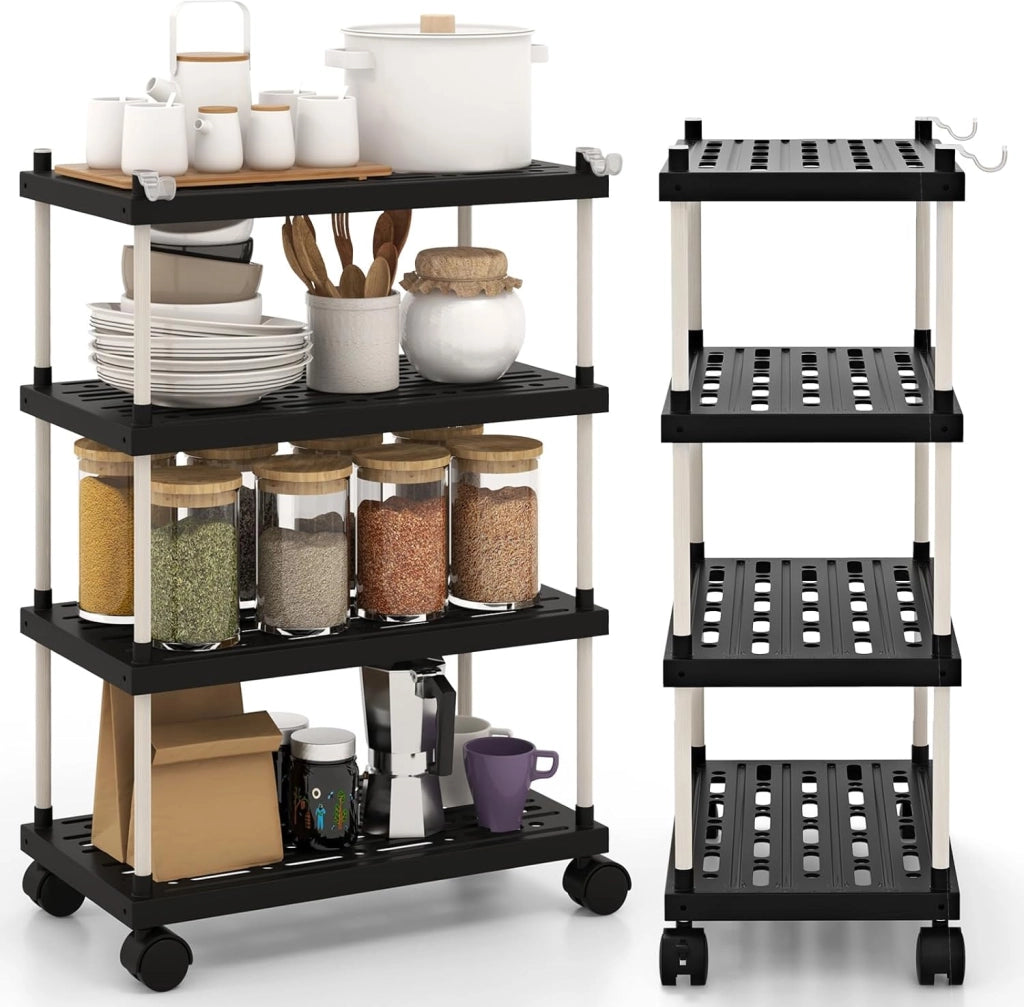 Carrello Sottile a 4 Piani, Scaffale per Cucina con Ruote Bloccabili, Ganci Laterali, Scaffale di Stoccaggio Multiuso, Carrello Estraibile per Cucina Garage Ufficio, 40x21x59,5 cm