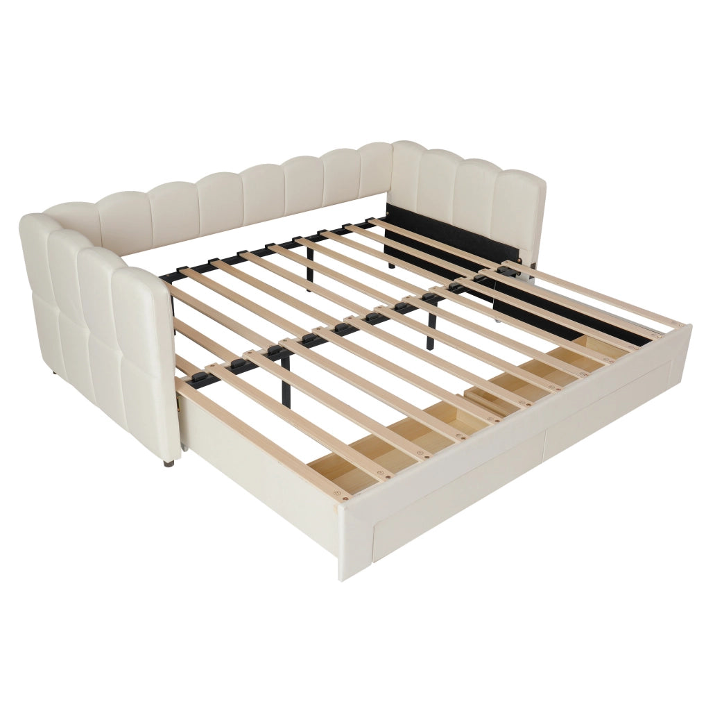 Letto daybed estraibile 90x190 cm in lino beige con 2 cassetti; USB e Type-C