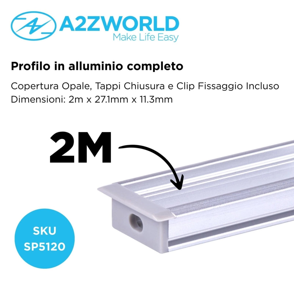 Kit Profilo Alluminio Completo Da 2 Metri Per Striscia Led, Larga Da Incasso, Dimensione 27.1X11.3mm, Larghezza Interna 12mm, 224g/m, Copertura Opale, Tappi Chiusura e Clip Fissaggio Incluso