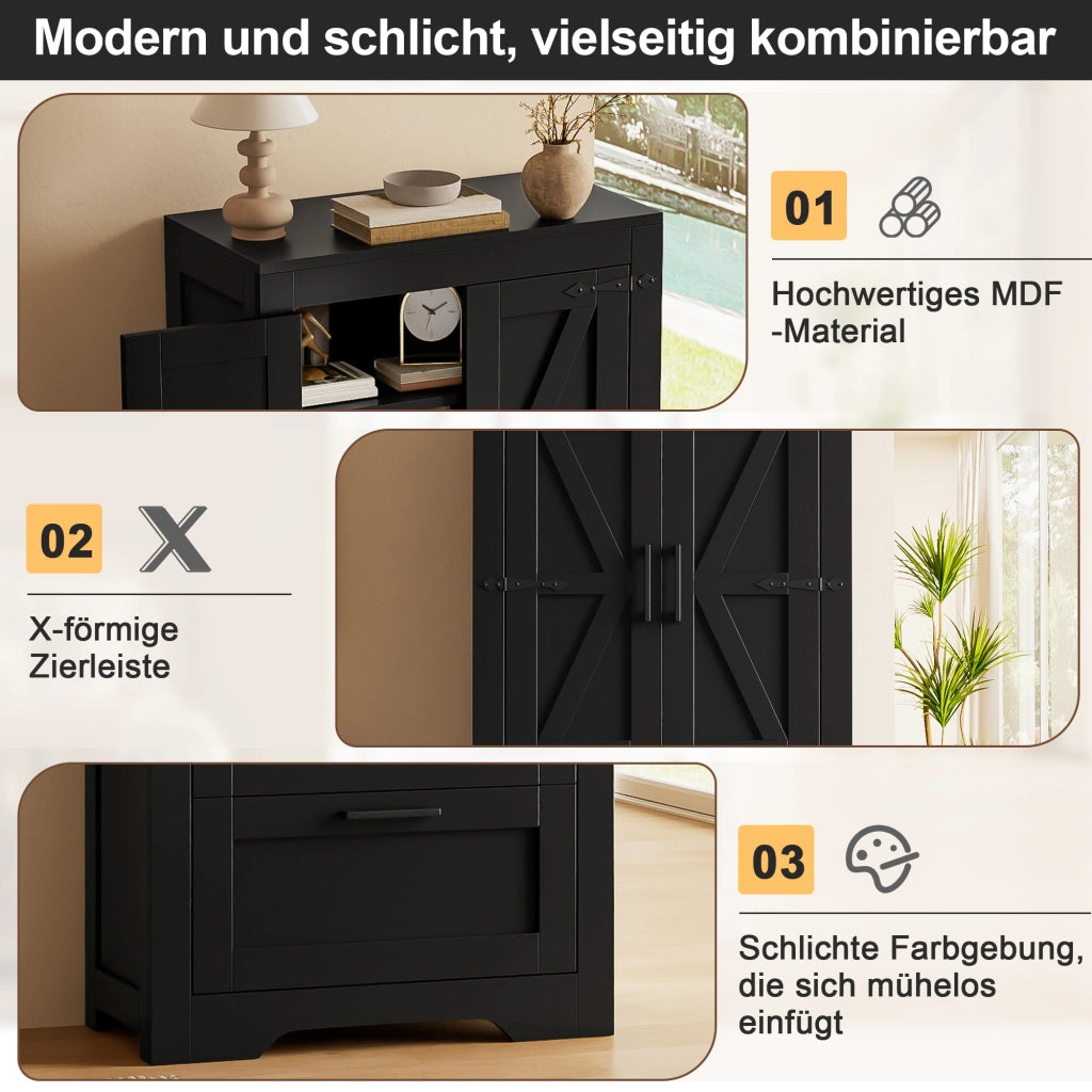Credenza alta in stile rustico con 2 cassetti e ripiani regolabili per cucina, soggiorno e sala da pranzo in MDF nero