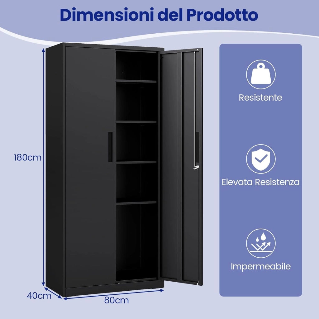 Armadio Portadocumenti, Armadio Multiuso con 2 Ante con Serratura e 4 Ripiani Regolabili, Armadio da Stoccaggio per Ufficio, Soggiorno e Scuola, 80 x 40 x 180 cm
