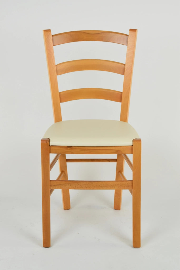 Sedia Venice Tommychairs, struttura in faggio verniciata in color miele e seduta rivestita in finta pelle avorio