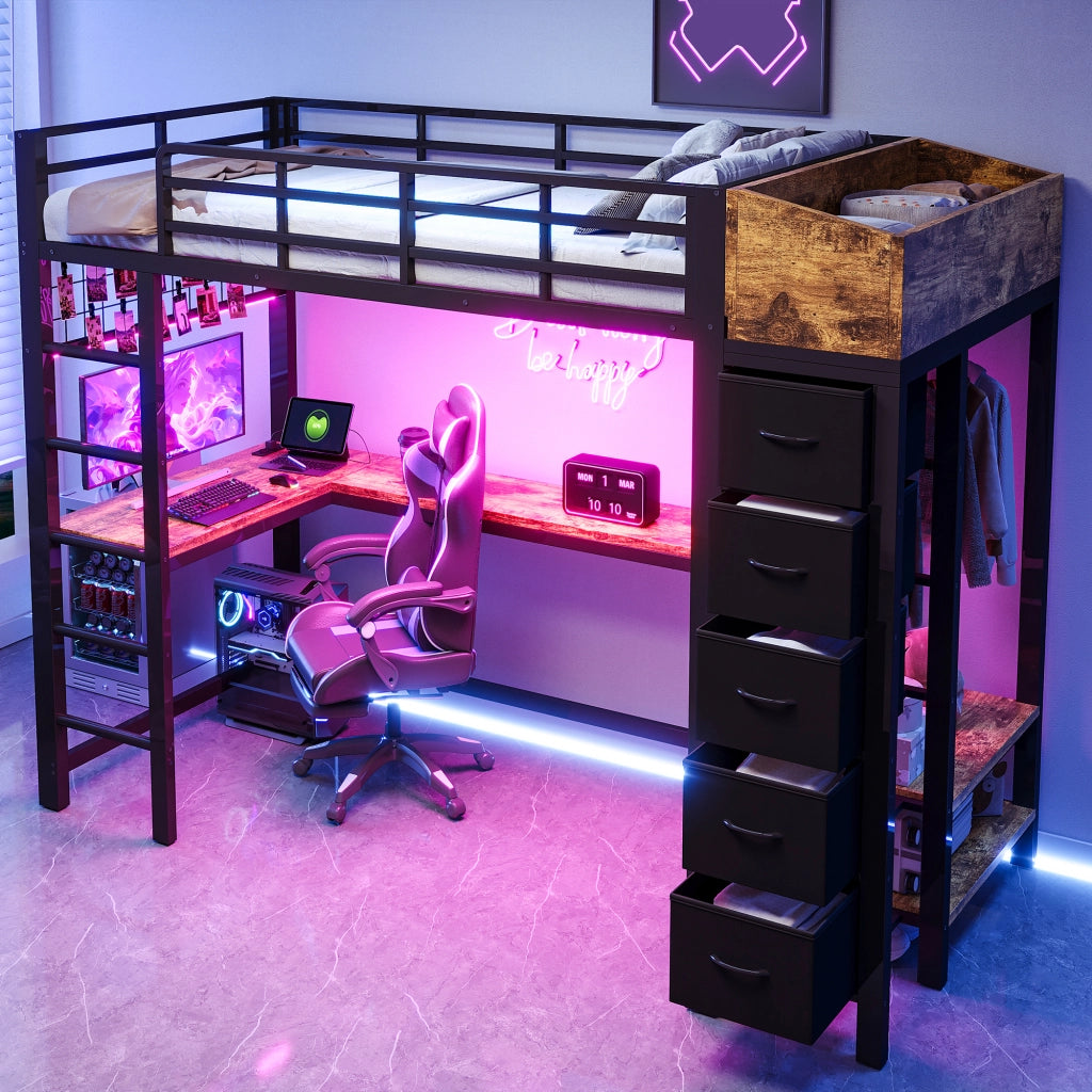 Letto a soppalco in metallo 90x200 cm con scrivania gaming, sistema di contenimento e luci LED