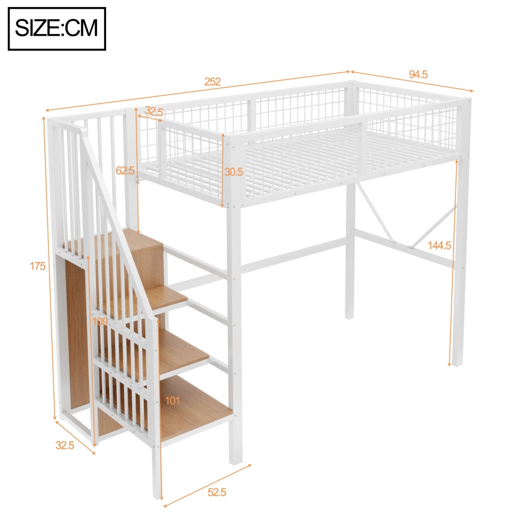 Letto a soppalco 90x200 cm in metallo bianco con scala contenitore; LED e guardaroba