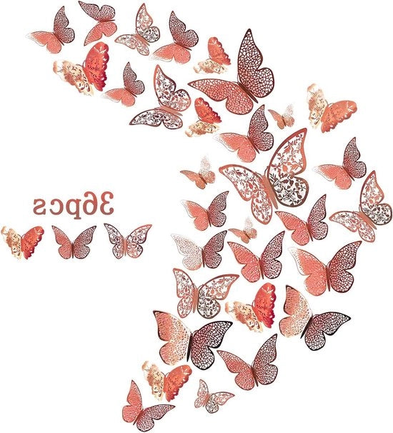 Decorazioni per Parete 3D Farfalle da 36 pezzi in Oro Rosa.