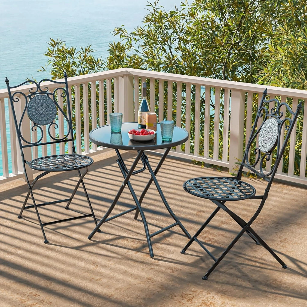 Tavolino Pieghevole da Giardino, Tavolino Rotondo Ø 59 cm, Tavolini da Esterno con Ripiano in Vetro Temperato, Tavolo da Balcone Struttura in Metallo, per Terrazza, Veranda, Piscina, Nero