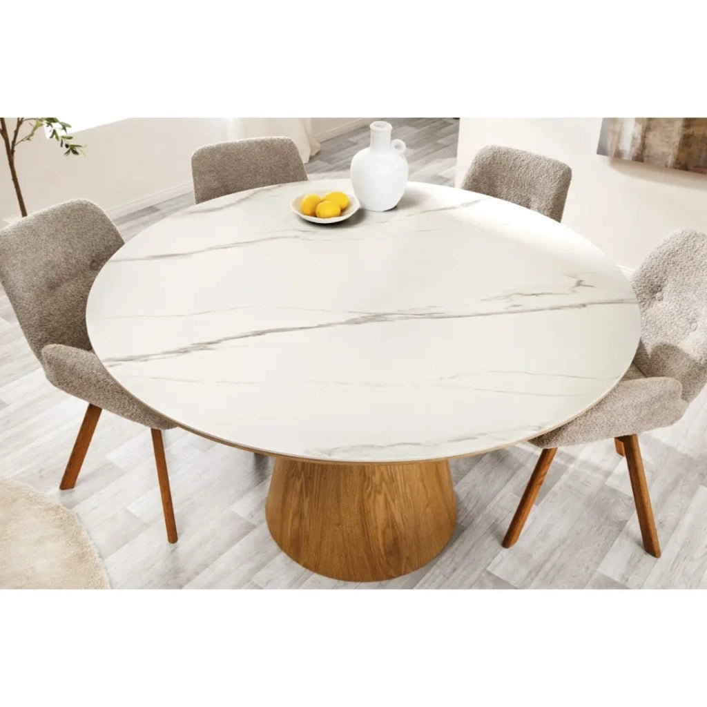 Tavolo da pranzo LUMEA – Rotondo 120 cm – Piano in ceramica effetto marmo bianco e piede in noce – Stile contemporaneo