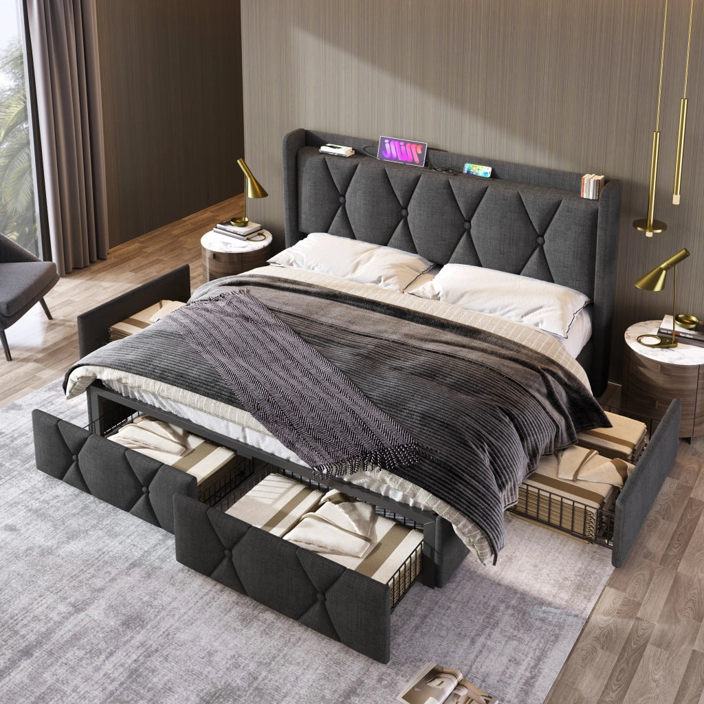 OKWISH Letto con Cassetti 140×200 cm, Letto Matrimoniale con 4 Cassetti, Prese e USB, senza Materasso, in Tessuto Lino, Grigio