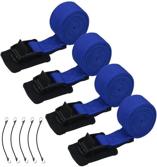 Set di cinghie elastiche con chiusura a morsa, capacità di sollevamento 250 kg, con 5 gomme per cinghie inclusi, misura 2,5 cm x 2,5 m, colore blu.
