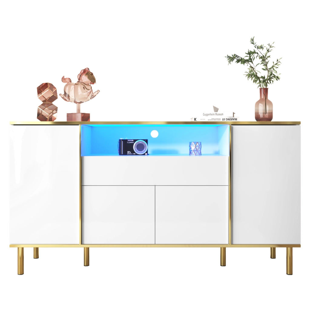 Credenza con 4 Ante e 1 Cassetto; LED; Finitura Lucida; Stile Moderno; per Soggiorno; in MDF; 150??40??80 cm; Bianco
