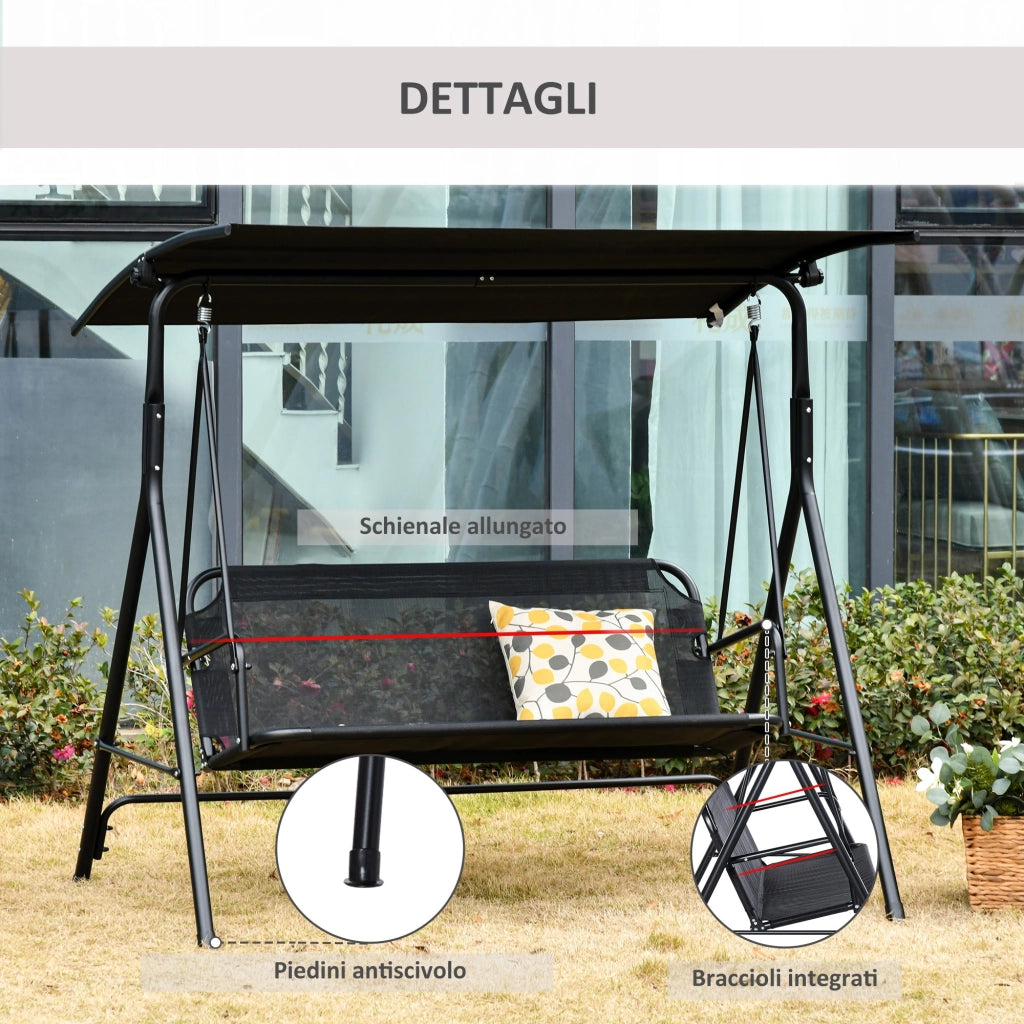 EasyComfort Dondolo da Giardino Terrazza 2 Posti con Tettuccio Regolabile in Metallo e Texteline 172x110x155cm Nero