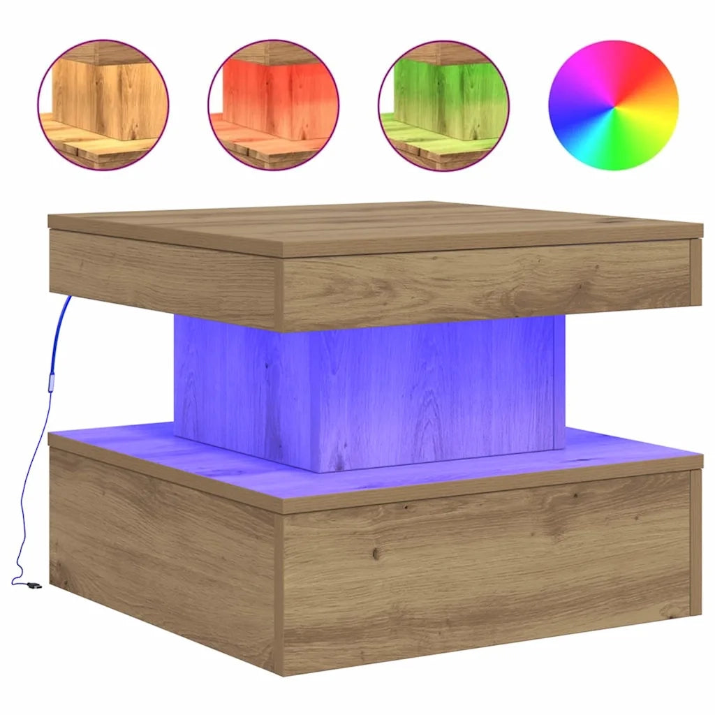 Tavolino da Salotto con Luci LED-Tavolino da soggiorno Rovere Artigianale 50x50x40 cm 162557