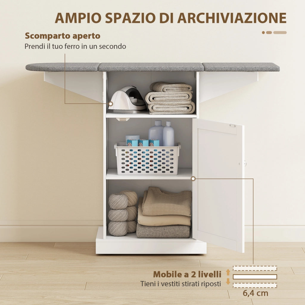 Mobile Asse da Stiro Pieghevole a Rotelle con Ripiano Aperto e Armadietto. 121x37x89 cm. Bianco e Grigio