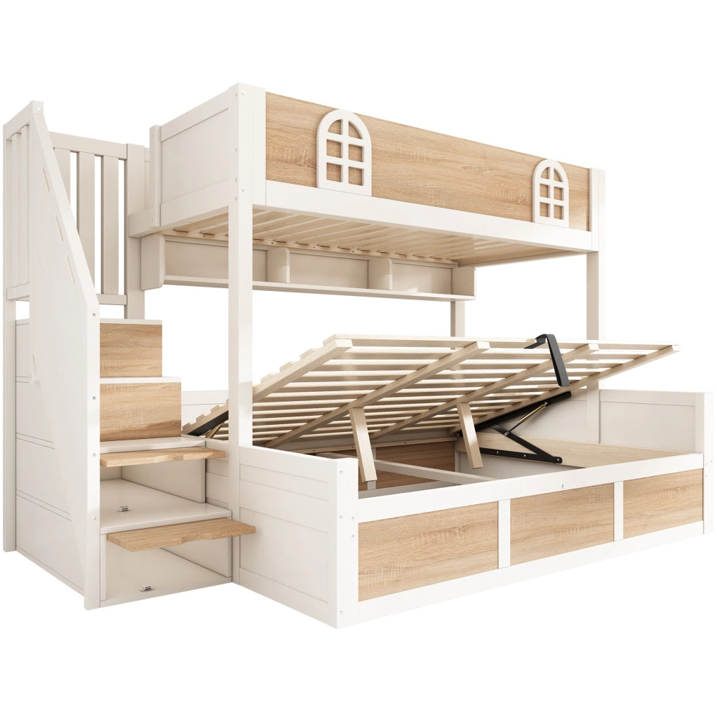 Letto a castello con scala contenitore 90x200 e 140x200 cm in legno bianco e naturale