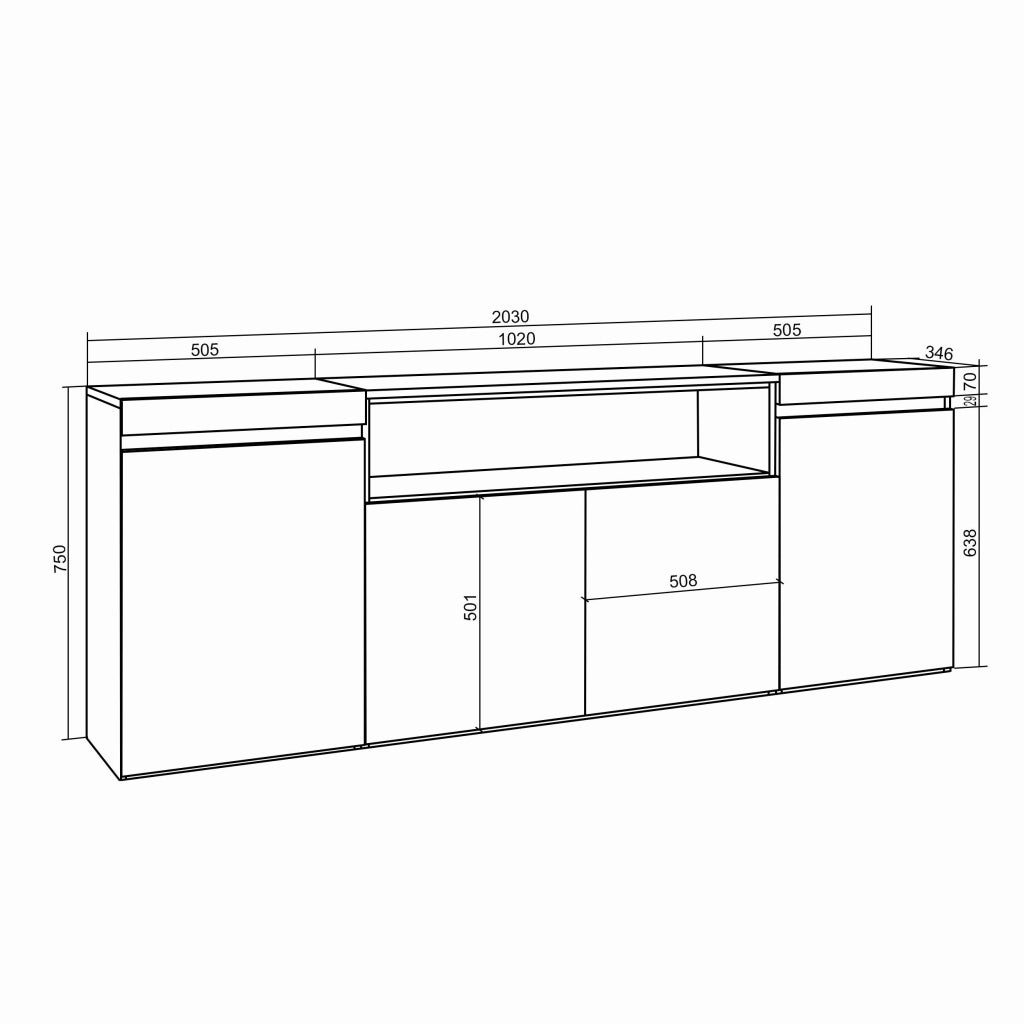 Credenza, Mobile, 200x35x75cm, 4 Porte, Camino elettrico, grigio cemento RF2306