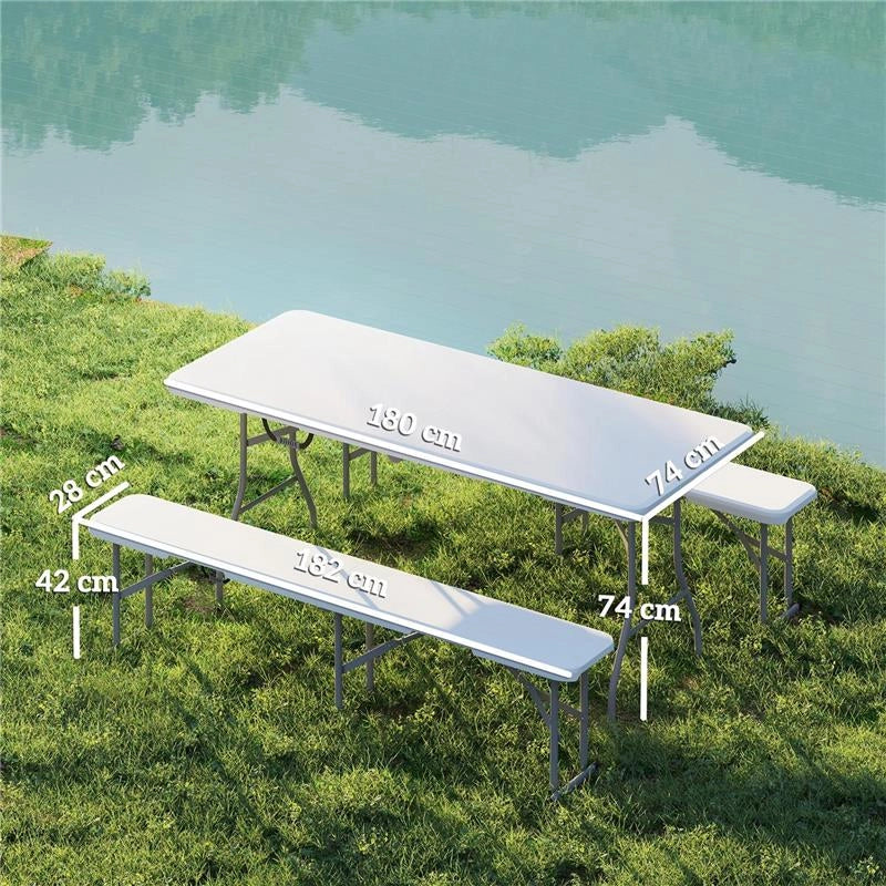 SET DA PIC NIC PIEGHEVOLE A 3 PEZZI CON TAVOLO E 2 PANCHE IN HDPE E METALLO, BIANCO E GRIGIO CHIARO