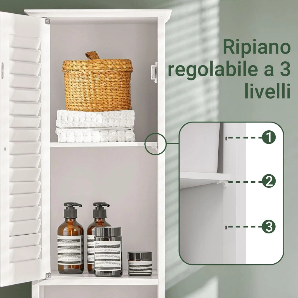 Mobile Colonna Bagno Salvaspazio Bianco Armadio Alto con 2 Ante, 1 Cassetto e Ripiano Aperto Mobiletto Bagno per Lavanderia, WC o Cucina Bianco 32x170x30cm FRG236-W