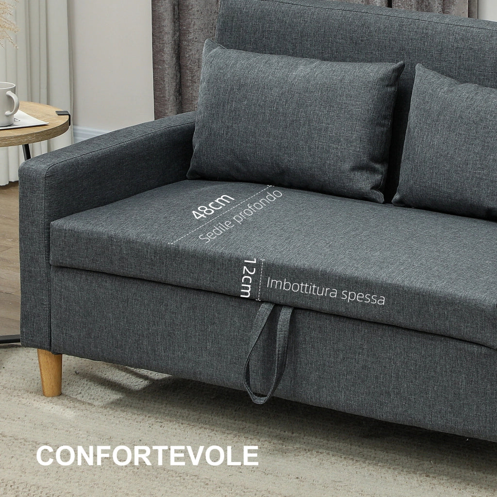 Divano 2 Posti con Spazio Portaoggetti e Cuscini, in Tessuto Effetto Lino e Legno, 135x72x84 cm, Grigio Carbone