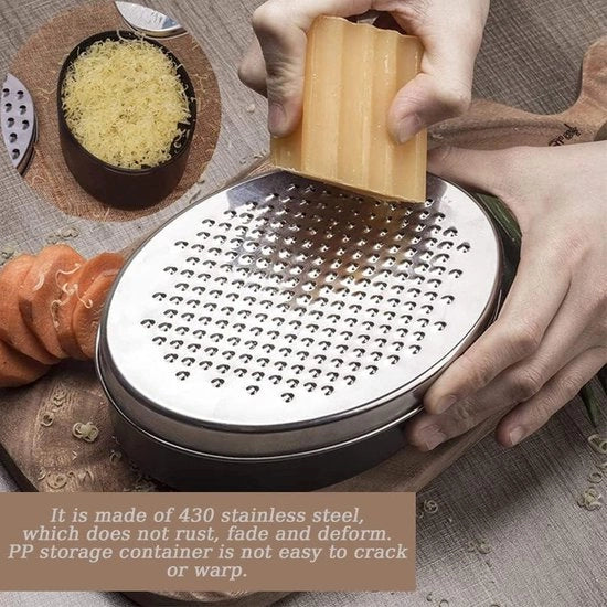 Raspia Metallica con Contenitore di Stoccaggio e 2 Misure di Copertura - Macinatrice di Verdure e Zenzero, Raspia per Cioccolato per la Cucina - Versatrice per Formaggi e Verdure (Nero) Raspa