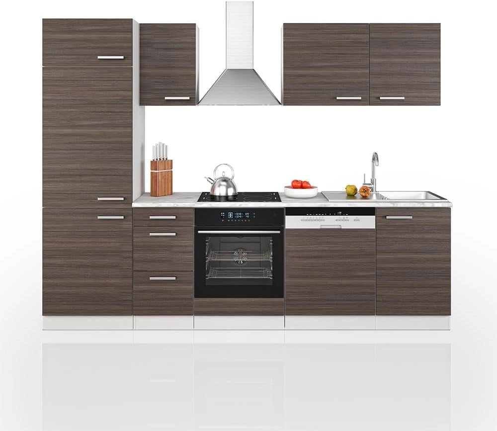 Cucina componibile Optima, Grigio prezioso/bianco, 270 cm senza piano di lavoro con striscia LED, adatto per disposizione e ampliamento personalizzati
