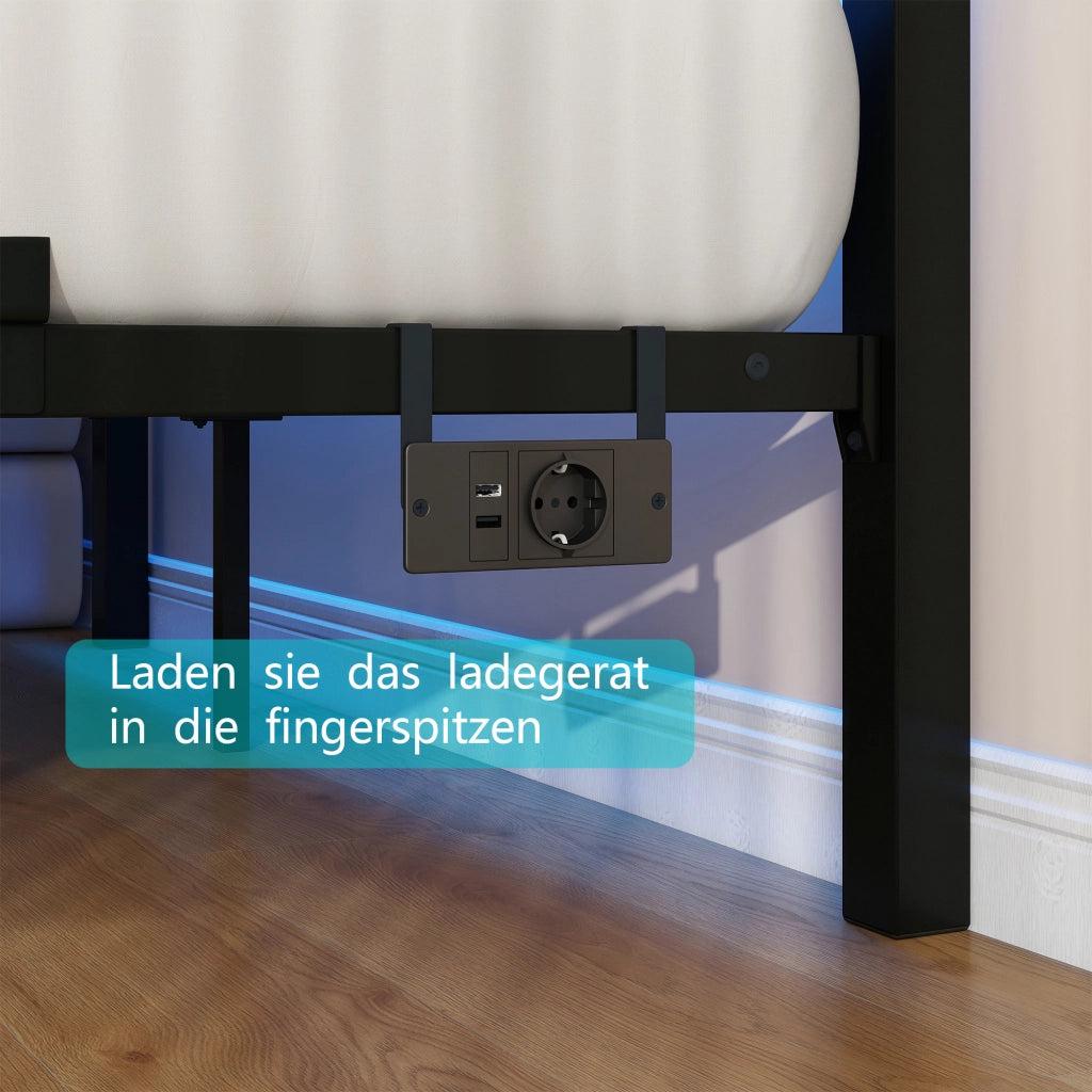 Letto in metallo con USB LED 140x200 cm MDF marrone e metallo