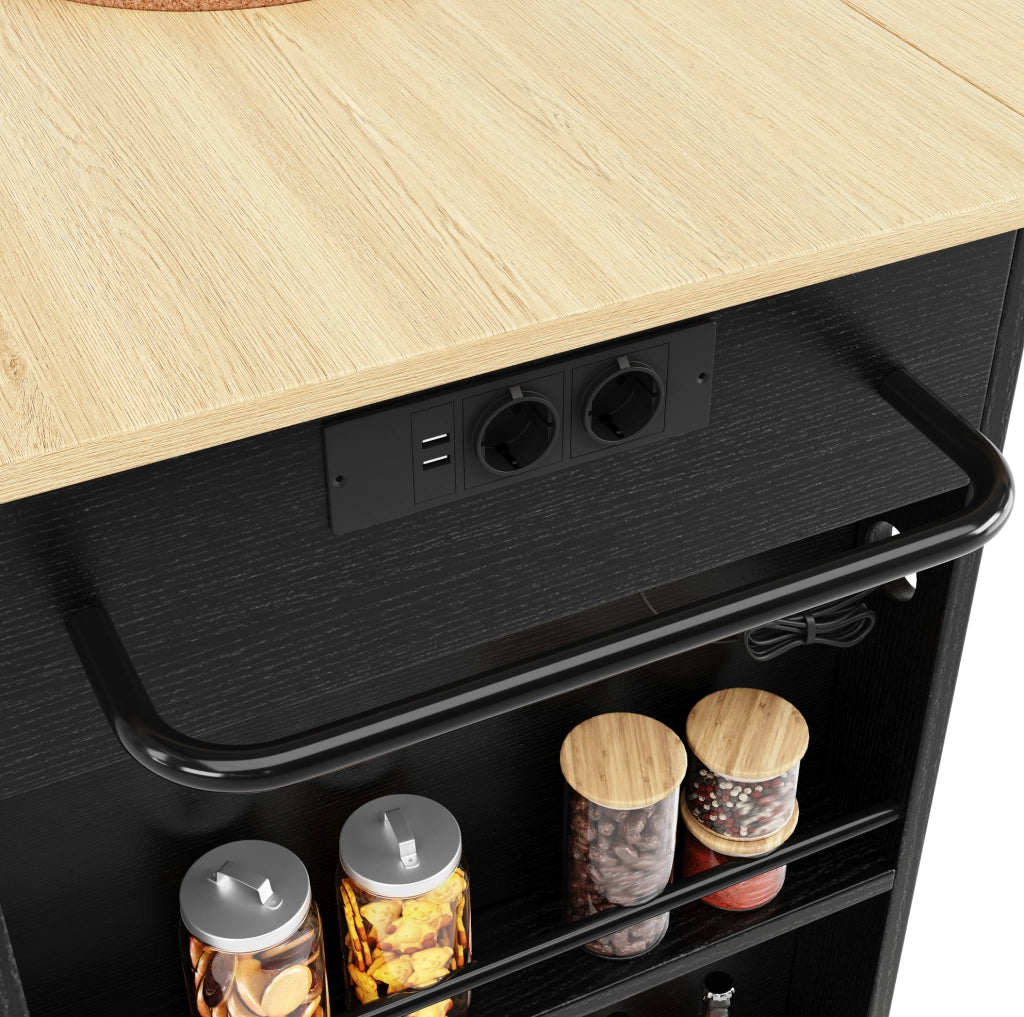 Isola da cucina pieghevole con prese; 2 cassetti e 6 vani; MDF e metallo; nero/naturale