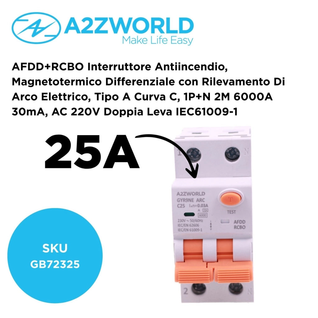 AFDD+RCBO Interruttore Antiincendio, Magnetotermico Differenziale con Rilevamento Di Arco Elettrico, Tipo A Curva C, 1P+N 2M 6000A 30mA, AC 220V Doppia Leva,GYR9NE-ARC,10A 16A 20A 25A 32A 40A (C25A)