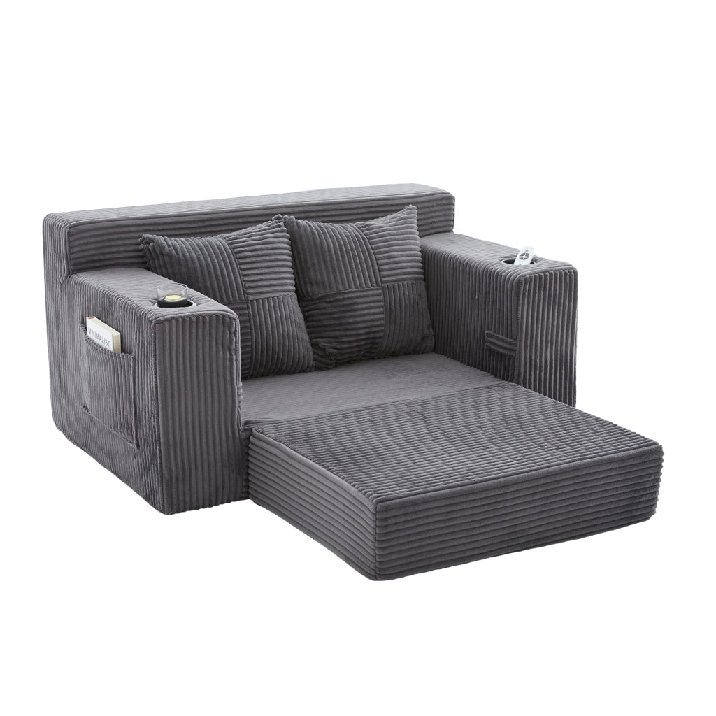 Pouf divano 151x133x64 cm in velluto a coste grigio con tasche laterali e 2 cuscini