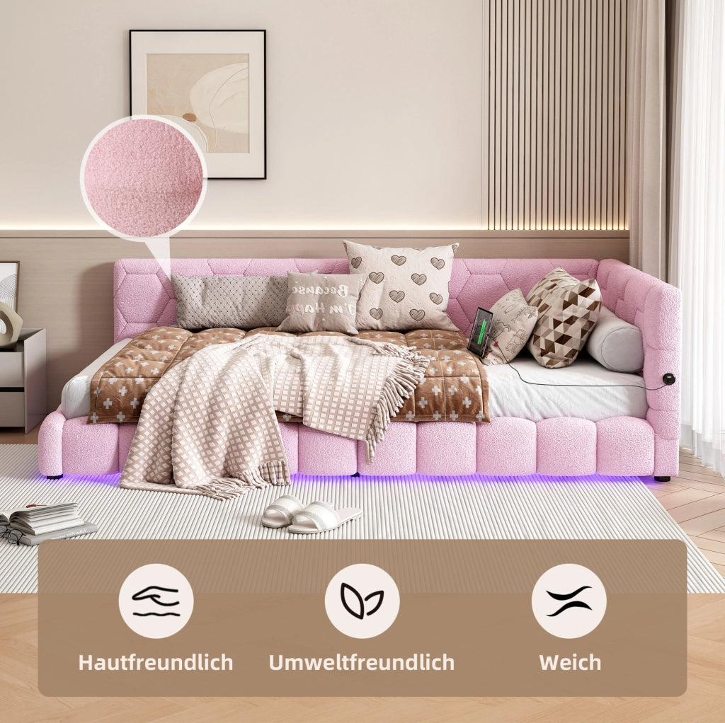 Divano letto singolo con LED regolabile; USB e Type-C; 90 x 200 cm; velluto rosa