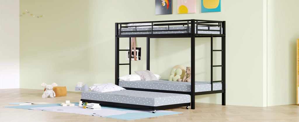 DESMIU Letto a castello per bambini 90 × 200 cm con letto estraibile, 2 posti, senza materasso, metallo, nero