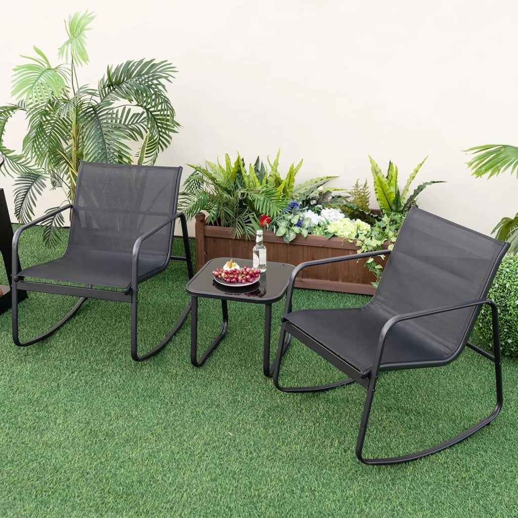 Set Tavolino e Sedie da Giardino, Set di Mobili a Dondolo, Set Bistrò 3 Pezzi, Tavolino in Vetro Temperato, Sedie in Textilene, per Giardino Cortile Piscina (Nero)