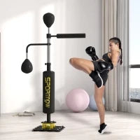 Sacco da boxe autoportante con due speedballs, barra rotante da boxe, calciatore, regolabile in altezza, in acciaio, 84 x 36 x 140-205 cm, Nero
