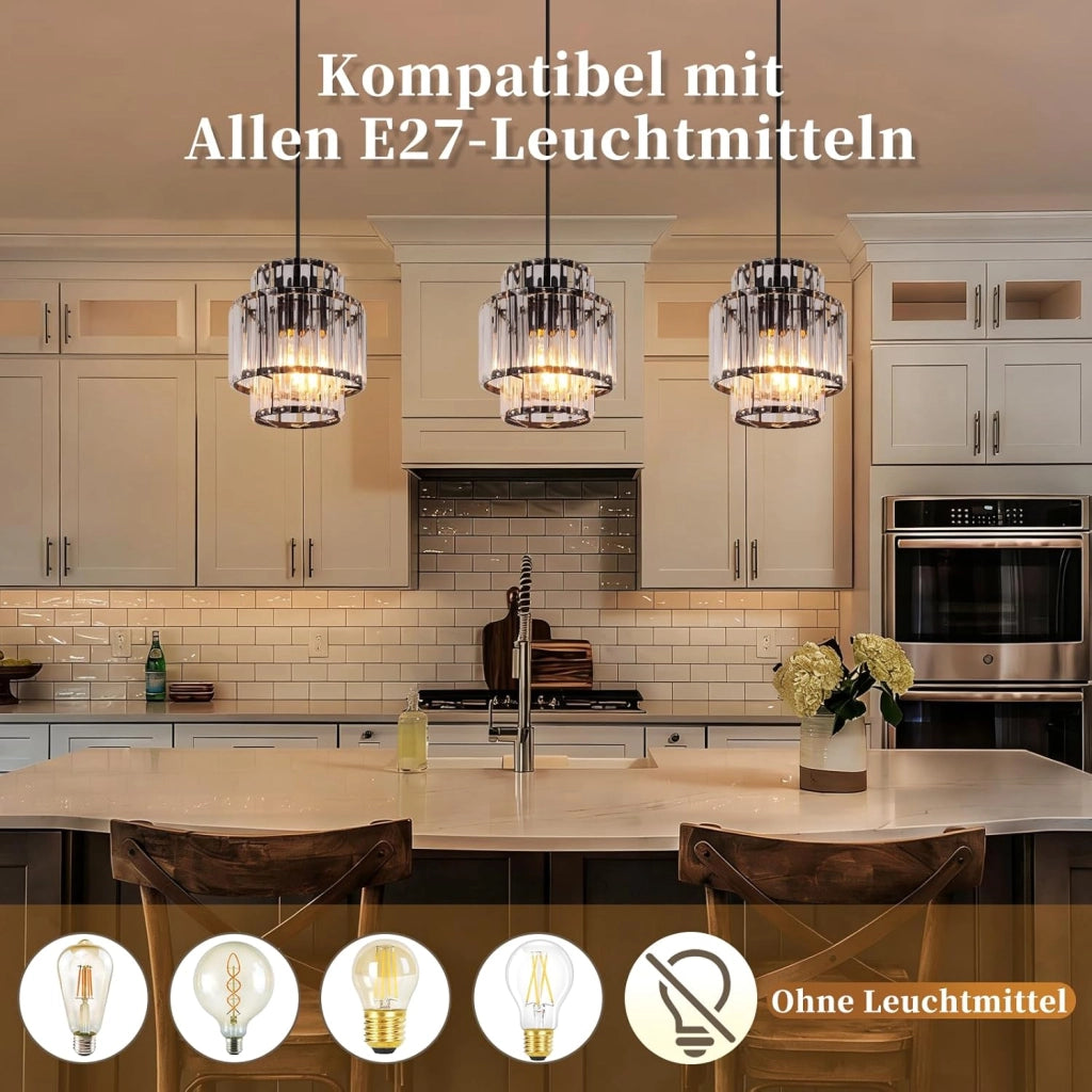 ZMH Lampada a Sospensione 1 Luce E27 Nera Pendente in Cristallo Vintage Regolabile Per Soggiorno Lampadina Non Inclusa