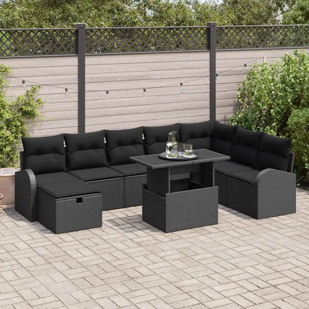 Set Divano da Giardino con cuscino 9 pcs Nero Poly Rattan 3359780