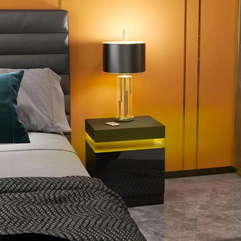 COMODINO LED A 16 COLORI E 4 MODALITÀ CON 2 CASSETTI, IN LEGNO, 45X35X52 CM, NERO