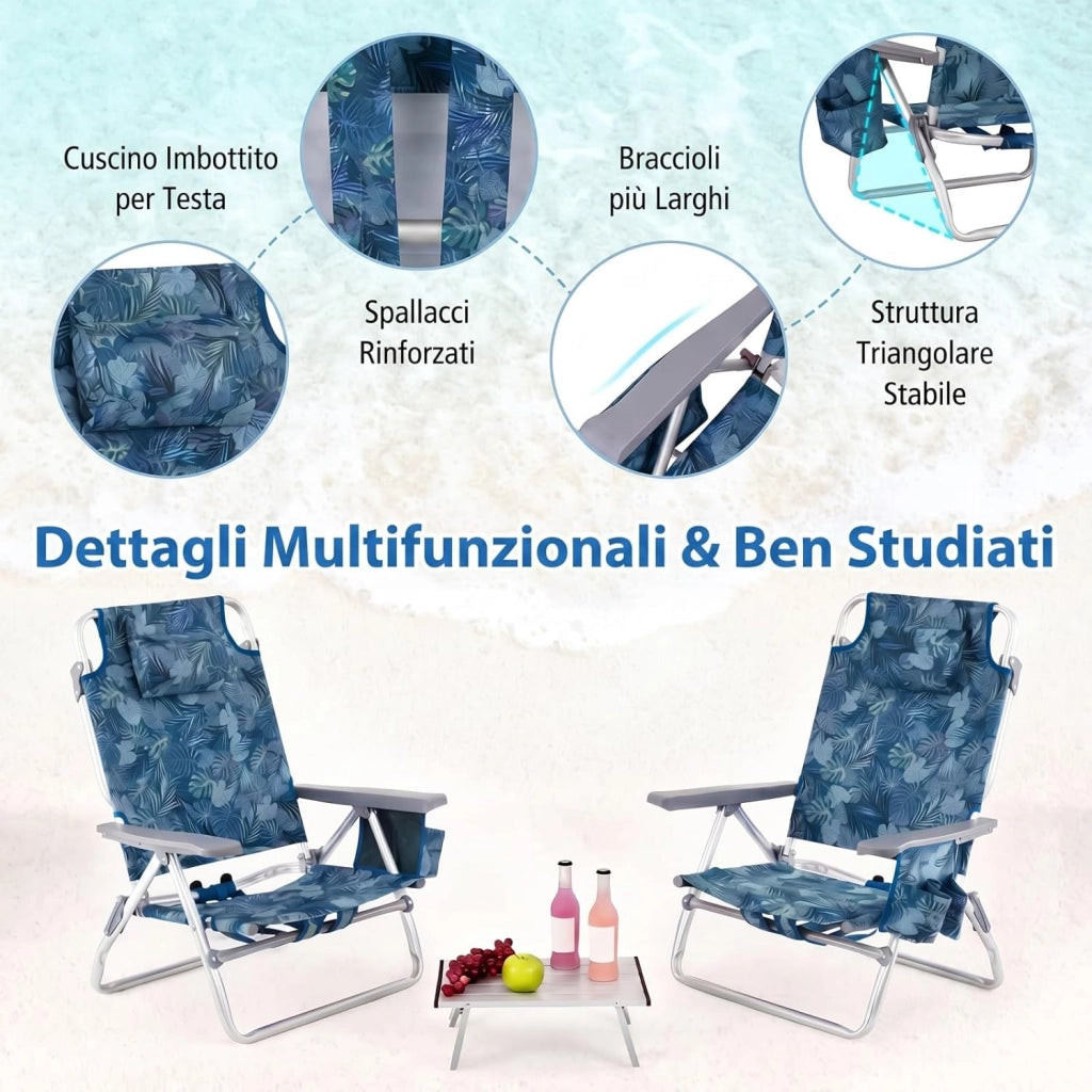Set di 2 Sedie e Tavolino da Spiaggia Pieghevole, Schienale Regolabile a 5 Livelli, con Portatesta, Borsa Portaoggetti, Borsa Termica, per Campeggio Picnic Esterno (Blu Scuro, Modello 2)