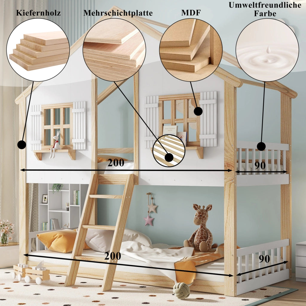 Letto a castello per bambini con scala inclinata, finestre decorative e sponde di sicurezza