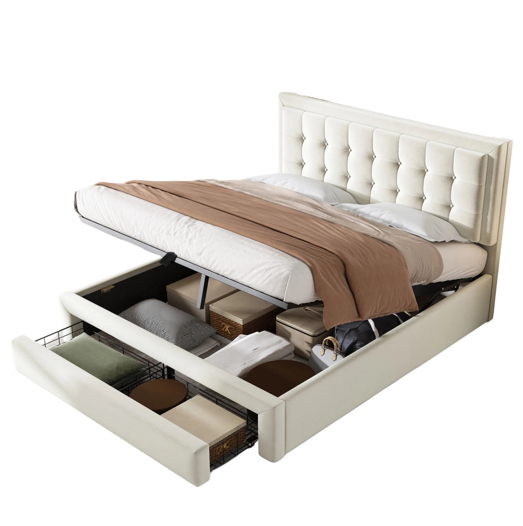 Letto matrimoniale imbottito 140x200 cm in velluto beige con testiera regolabile e contenitore