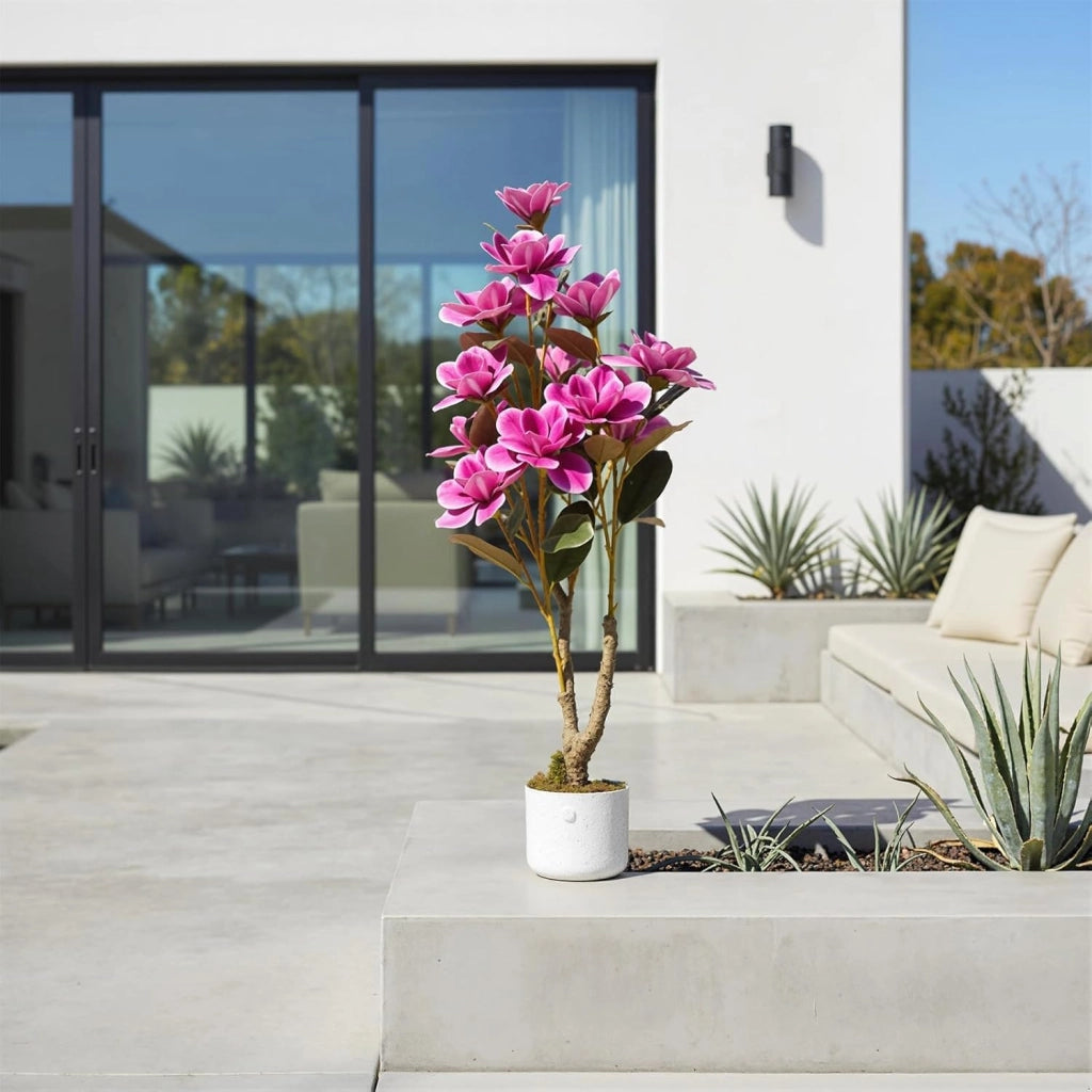 Albero di Magnolia Artificiale 95 cm con 14 Fiori e Vaso Bianco da Interno