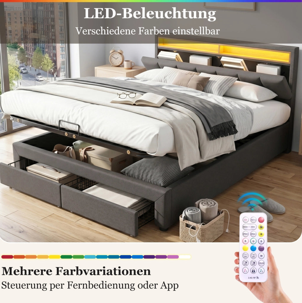Letto imbottito 180x200 cm con LED e vano contenitore