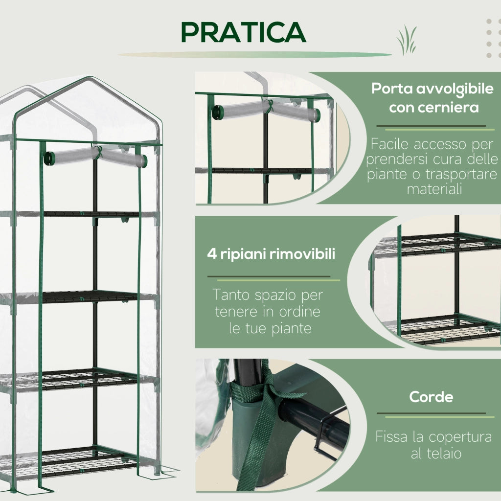 Serra da Balcone Compatta con 4 Ripiani e Copertura in PVC Trasparente. 70x50x160cm
