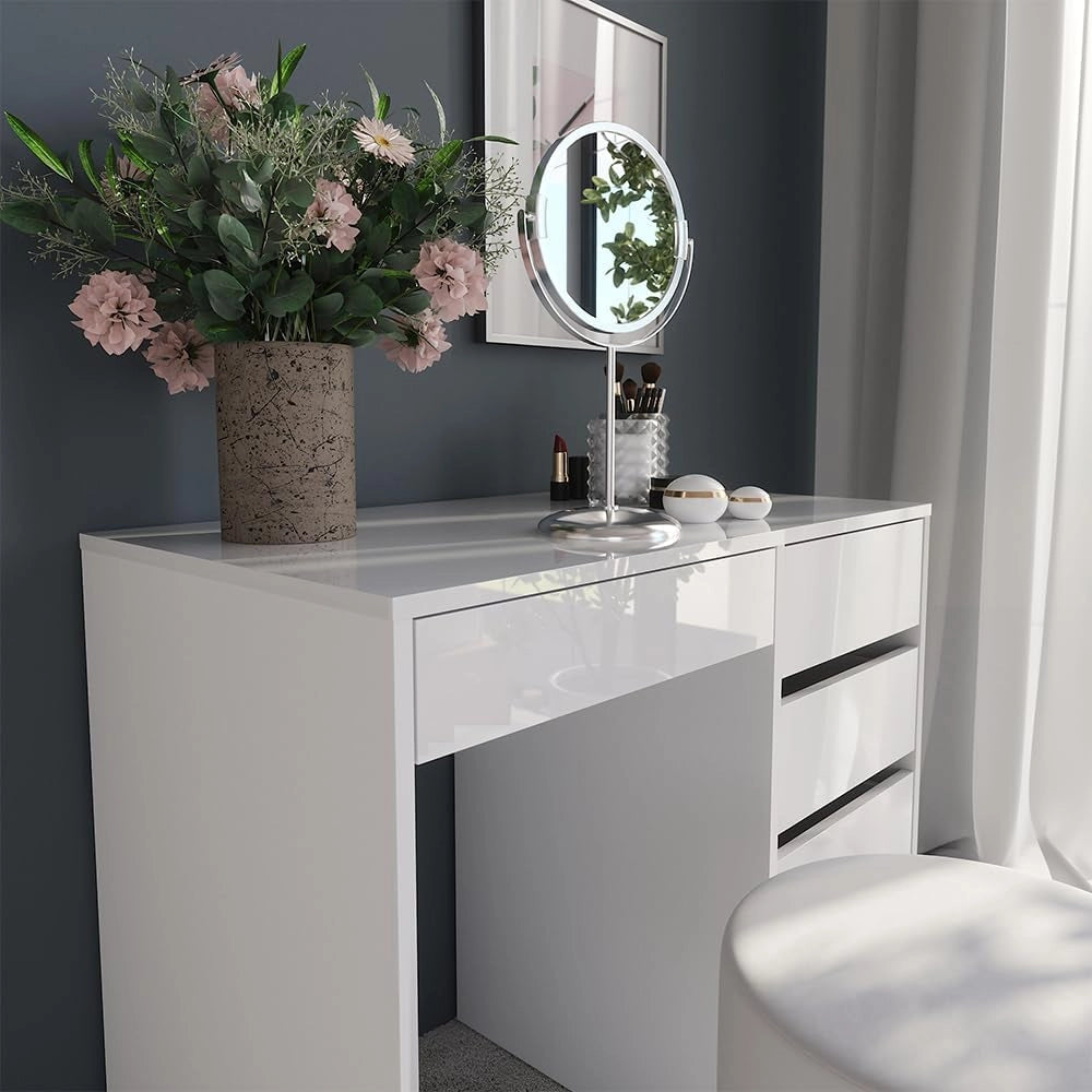 Tavolo da toeletta Sherry, Bianco/bianco lucido, 89.8 cm con sgabello