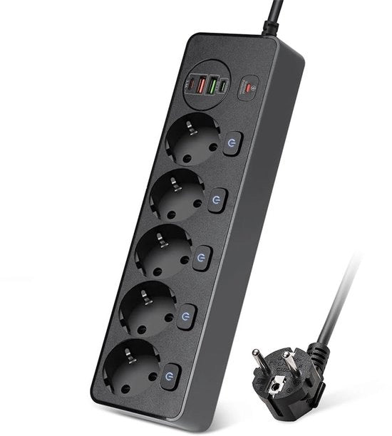 Cavo di estensione con multipli connettori e 4 porte di ricarica USB rapida (nero)