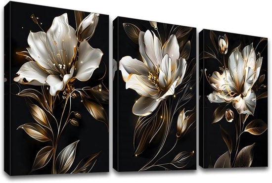 3 Pezzi di Fiori di Loto con Cornice su Tela Immagine Fiori e Foglie su Tela Quadro Decorazione per Muri 120 x 60 cm