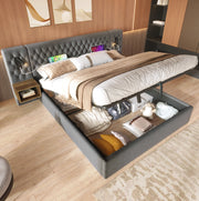Letto matrimoniale 160x200 cm in velluto grigio con 2 comodini; luci lettura e ricarica USB-C