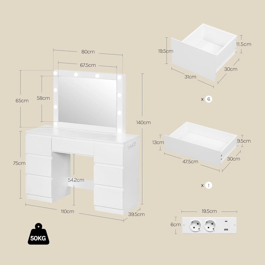 Toeletta da Trucco con Specchio LED Regolabile, Tavolo da Trucco Moderno con Cassetti e 2 Prese, 1 USB-A e 1 USB-C, Cavo di 1,5 m, Bianco