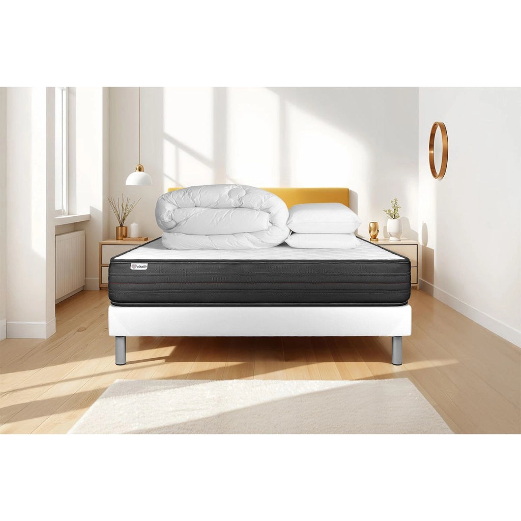 Pacchetto letto completo - Materasso 140x200cm + Box spring con doghe (in kit) + 2 cuscini + Piumino - Vitalpower