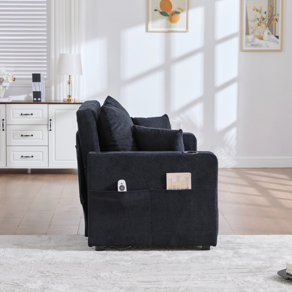 Divano Letto 2 Posti con Funzione Letto USB Tasche Laterali e Portabicchieri in Ciniglia Nero
