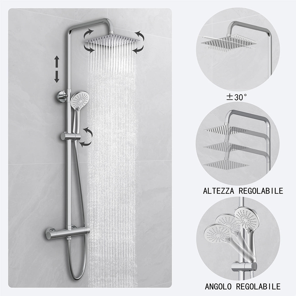 Kit doccia con miscelatore termostatico, soffione quadrato 20x20cm, doccetta tonda 23x10.8cm, colonna doccia regolabile 72-120cm, cromo